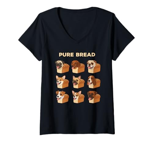 Damen Lustiges reines Brot Hunderassen Mops Laib Hund Rolling Fatties T-Shirt mit V-Ausschnitt von Pug Bruh Tees