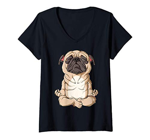 Damen Pug Yoga Funny Men Women Namaste Spiritual Meditation Chakra T-Shirt mit V-Ausschnitt von Pug DU Clothing