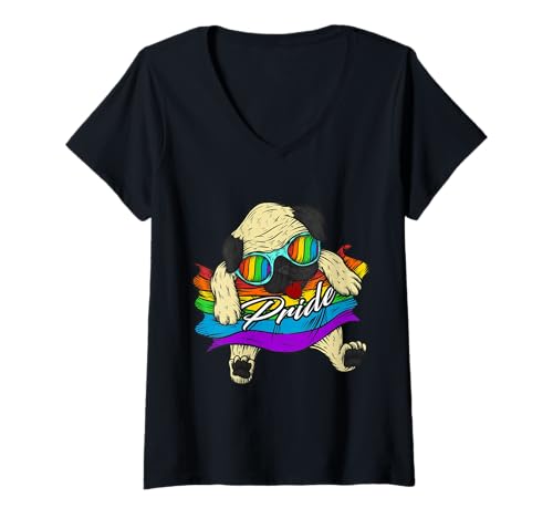 Damen Mops Hund Gay Pride LGBT Pride LGBTQ Transgender Rainbow T-Shirt mit V-Ausschnitt von Pug Dog Gay Pride