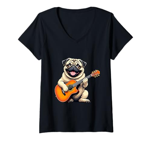 Damen Mops Hund spielt Gitarre Design Lustiger Mops T-Shirt mit V-Ausschnitt von Pug Dog Lovers Designs