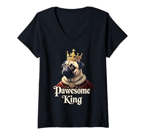Damen Lustige Pawesome Mops-König Hundekunst T-Shirt mit V-Ausschnitt von Pug Fun Designs