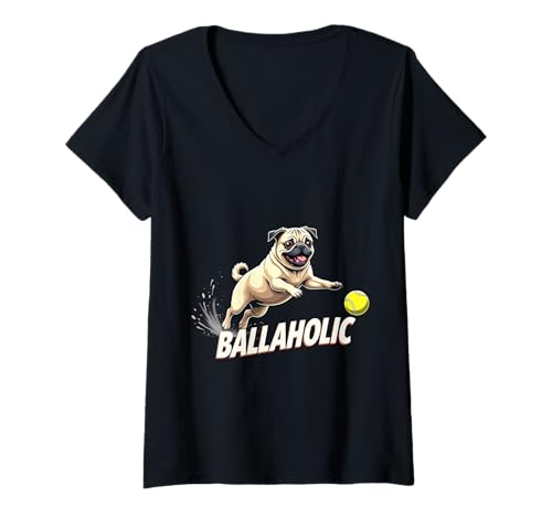 Damen Lustiger Ballaholischer Mops-Jagdball T-Shirt mit V-Ausschnitt Damen Lustiger Ballaholischer Mops-Jagdball T-Shirt mit V-Ausschnitt von Pug Fun Designs