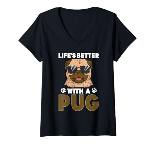 Damen Mops Hund T-Shirt mit V-Ausschnitt Damen Mops Hund T-Shirt mit V-Ausschnitt von Pug Gifts for Men and Women