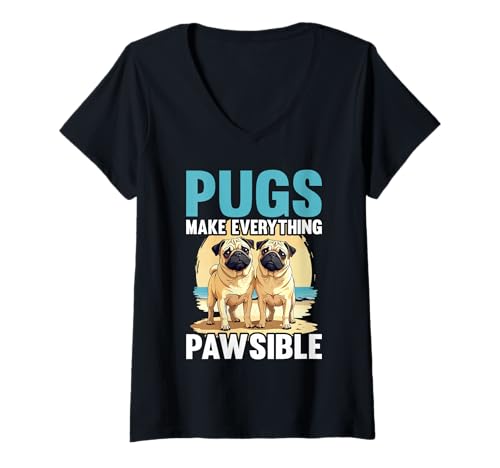 Damen Mops Hund T-Shirt mit V-Ausschnitt von Pug Gifts for Men and Women