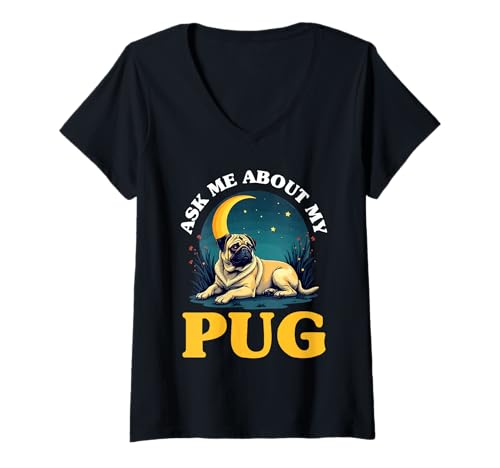 Damen Mops Hund T-Shirt mit V-Ausschnitt von Pug Gifts for Men and Women