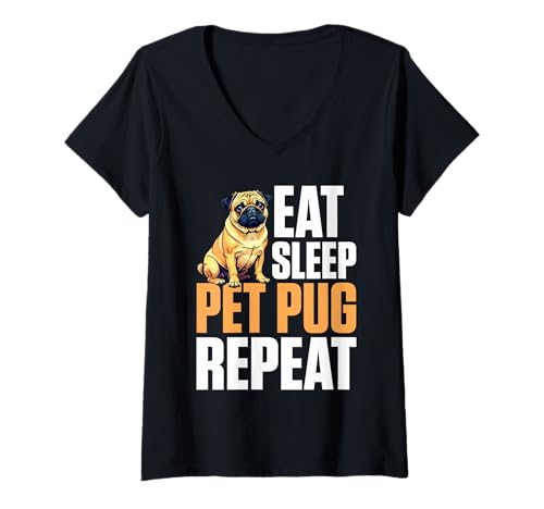 Damen Mops Hund T-Shirt mit V-Ausschnitt von Pug Gifts for Men and Women