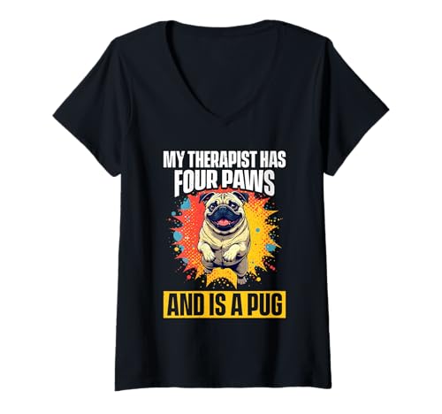 Damen Mops Hund T-Shirt mit V-Ausschnitt Damen Mops Hund T-Shirt mit V-Ausschnitt von Pug Gifts for Men and Women