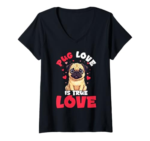 Damen Mops Hund T-Shirt mit V-Ausschnitt Damen Mops Hund T-Shirt mit V-Ausschnitt von Pug Gifts for Men and Women