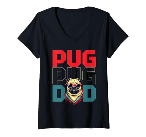Damen Mops Hund T-Shirt mit V-Ausschnitt von Pug Gifts for Men and Women