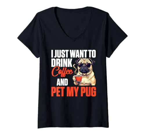 Damen Mops Hund T-Shirt mit V-Ausschnitt von Pug Gifts for Men and Women