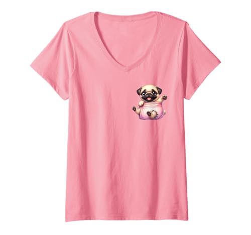 Damen Niedlicher Mops in Einer Tasche T-Shirt mit V-Ausschnitt von Pug Lover Gifts for Women
