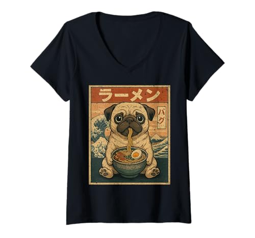 Damen Lustiger Kawaii Ramen Mops Japanische Nudeln Mops Essen Ramen T-Shirt mit V-Ausschnitt von Pug Lovers Cute Pug Eating Ramen shirt