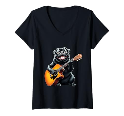Damen Lustiger schwarzer Mops, der Gitarre spielt, Design für Musikliebhaber T-Shirt mit V-Ausschnitt Damen Lustiger schwarzer Mops, der Gitarre spielt, Design für Musikliebhaber T-Shirt mit V-Ausschnitt von Pug Lovers Designs