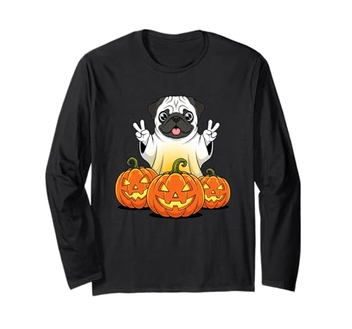 Lustiger Mops Geist Kürbis Boo Halloween Kinder Herren Damen Langarmshirt von Pug Lovers Halloween Ghost Pumpkin Outfits