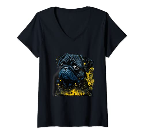 Damen Black Pug Starry Night Van Gogh Hundekunst T-Shirt mit V-Ausschnitt Damen Black Pug Starry Night Van Gogh Hundekunst T-Shirt mit V-Ausschnitt von Pug Mom Dad Owner Black Pug