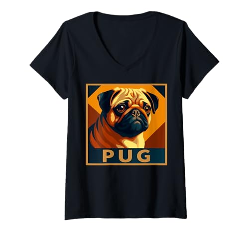 Damen Mops, niedliches Retro-Porträt T-Shirt mit V-Ausschnitt Damen Mops, niedliches Retro-Porträt T-Shirt mit V-Ausschnitt von Pug Puggy Gifts