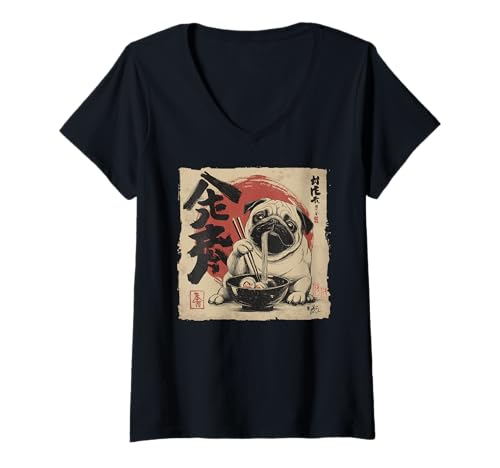 Damen Lustiger Mops isst Ramen Japanische Vintage Nudel Hund Kunst T-Shirt mit V-Ausschnitt Damen Lustiger Mops isst Ramen Japanische Vintage Nudel Hund Kunst T-Shirt mit V-Ausschnitt von Pug Ramen Co.