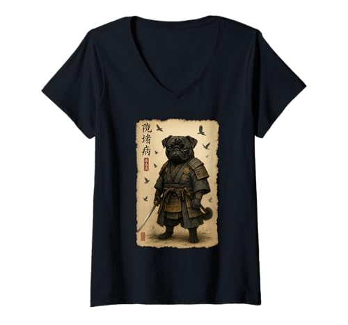 Damen Black Pug Samurai Art Japanese Vintage T-Shirt mit V-Ausschnitt von Pug Samurai Art Japanese Apparel
