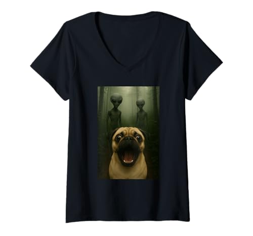 Damen Dog Pug Selfie with Aliens Funny T-Shirt mit V-Ausschnitt von Pug Selfie With Aliens Funny Apparel