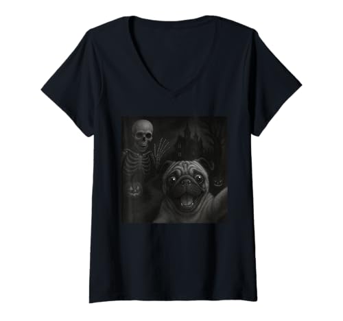 Damen Dog Pug Selfie with Skeleton Halloween Funny T-Shirt mit V-Ausschnitt von Pug Selfie With Skeleton Funny Apparel