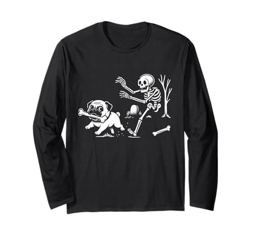 Mops Hund läuft vom Skelett, lustiges Design für Männer, Frauen, Kinder Langarmshirt von Pug Skeleton Chase for Dog Lovers Men Women Kids