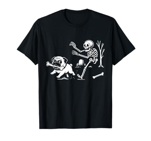Mops Hund läuft vom Skelett, lustiges Design für Männer, Frauen, Kinder T-Shirt von Pug Skeleton Chase for Dog Lovers Men Women Kids
