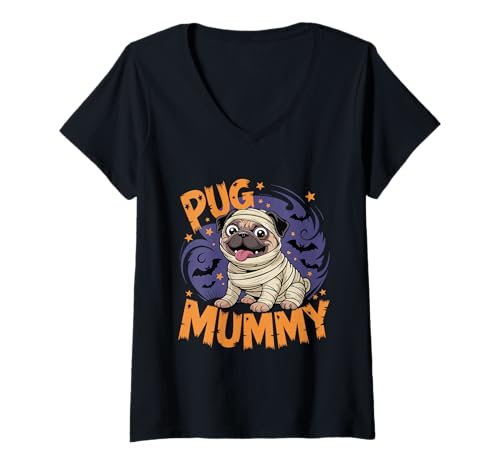 Damen Lustiges Halloween-Kostüm mit Mops-Motiv T-Shirt mit V-Ausschnitt Damen Lustiges Halloween-Kostüm mit Mops-Motiv T-Shirt mit V-Ausschnitt von Pug and Co