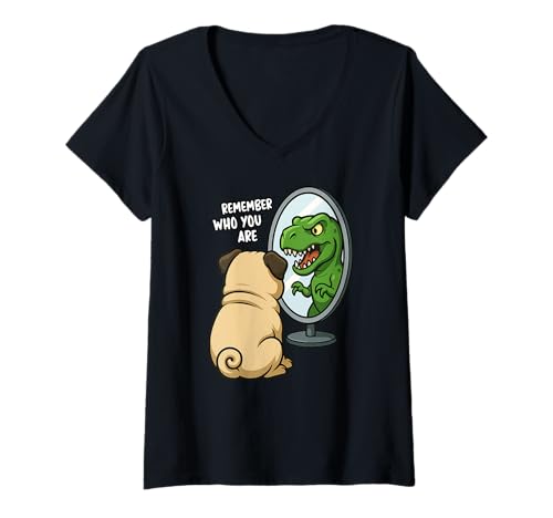 Damen Lustiger Mops Dinosaurier Trex Remember Who You Are Jungen Mädchen Kinder T-Shirt mit V-Ausschnitt von PugAxis1