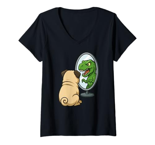 Damen Lustiger Mops Hund Dinosaurier Trex Spiegel Jungen Mädchen Kinder T-Shirt mit V-Ausschnitt von PugAxis1