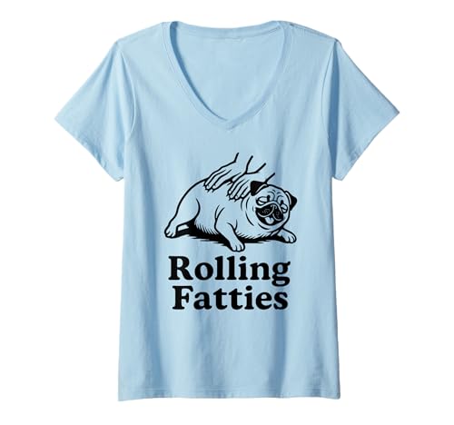 Damen Lustiger Mops Hund Rolling Fatties Mama Papa Kinder T-Shirt mit V-Ausschnitt von PugAxis1