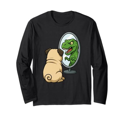 Lustiger Mops Hund Dinosaurier Trex Spiegel Jungen Mädchen Kinder Langarmshirt von PugAxis1