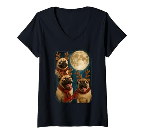 Damen Fullmoon Rentier Mops Lustiges Meme Weihnachten Tier T-Shirt mit V-Ausschnitt von Pugs Dog Lover Moon Funny Christmas Design