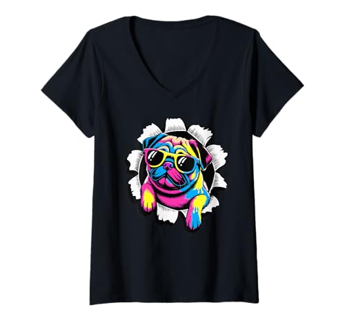 Damen Efecto de Papel Roto Pug Sonnenbrille Pugs T-Shirt mit V-Ausschnitt Damen Efecto de Papel Roto Pug Sonnenbrille Pugs T-Shirt mit V-Ausschnitt von Pugs Pug Lover Gifts