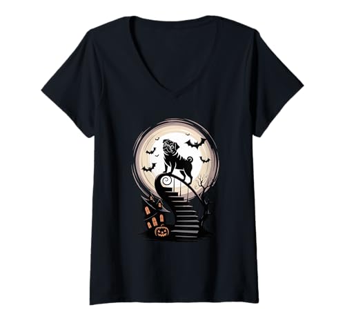 Damen Gruseliges Halloween Mond Pug Kürbis Pugs Mops T-Shirt mit V-Ausschnitt Damen Gruseliges Halloween Mond Pug Kürbis Pugs Mops T-Shirt mit V-Ausschnitt von Pugs Pug Lover Gifts
