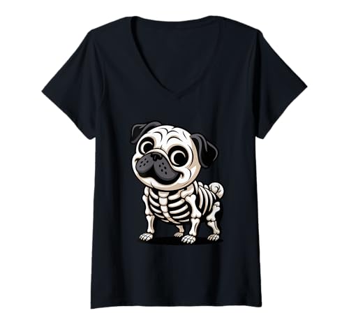 Damen Halloween Mops Skelett Gruselig Kühe Möpse T-Shirt mit V-Ausschnitt Damen Halloween Mops Skelett Gruselig Kühe Möpse T-Shirt mit V-Ausschnitt von Pugs Pug Lover Gifts