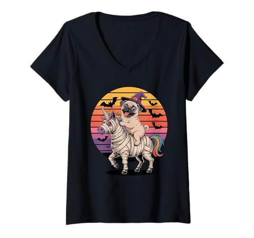 Damen Halloween Mumie Einhorn Pug Pugs T-Shirt mit V-Ausschnitt Damen Halloween Mumie Einhorn Pug Pugs T-Shirt mit V-Ausschnitt von Pugs Pug Lover Gifts