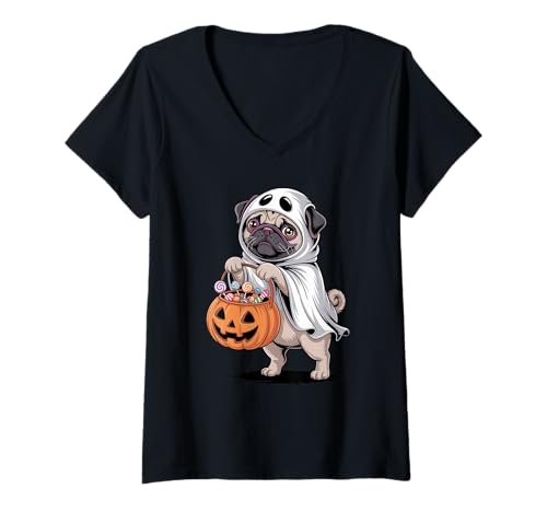 Damen Halloween Pug Geist Kürbis Süßes Oder Saures Süßigkeiten T-Shirt mit V-Ausschnitt Damen Halloween Pug Geist Kürbis Süßes Oder Saures Süßigkeiten T-Shirt mit V-Ausschnitt von Pugs Pug Lover Gifts