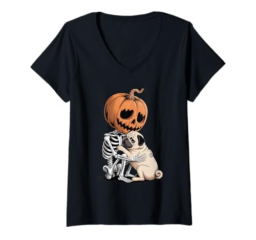 Damen Halloween Skeleton Pug Pugs T-Shirt mit V-Ausschnitt Damen Halloween Skeleton Pug Pugs T-Shirt mit V-Ausschnitt von Pugs Pug Lover Gifts