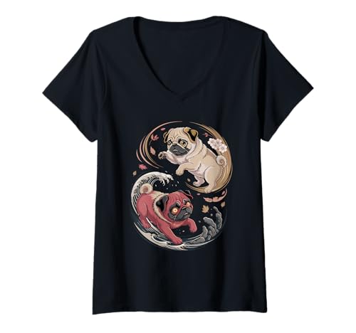 Damen Japanische Kunst Mops Gut und Teufel Chinesische Möpse T-Shirt mit V-Ausschnitt Damen Japanische Kunst Mops Gut und Teufel Chinesische Möpse T-Shirt mit V-Ausschnitt von Pugs Pug Lover Gifts