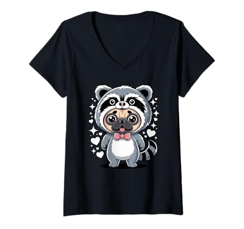 Damen Kawaii Mops Waschbär Kostüm Chinesische Möpse T-Shirt mit V-Ausschnitt Damen Kawaii Mops Waschbär Kostüm Chinesische Möpse T-Shirt mit V-Ausschnitt von Pugs Pug Lover Gifts