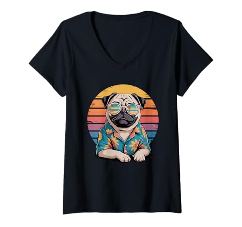 Damen Mops Sonnenbrille Hawaiianischer Strand Sommerurlaub Möpse T-Shirt mit V-Ausschnitt Damen Mops Sonnenbrille Hawaiianischer Strand Sommerurlaub Möpse T-Shirt mit V-Ausschnitt von Pugs Pug Lover Gifts
