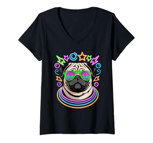 Damen Party Pug Sonnenbrille Pugs T-Shirt mit V-Ausschnitt Damen Party Pug Sonnenbrille Pugs T-Shirt mit V-Ausschnitt von Pugs Pug Lover Gifts