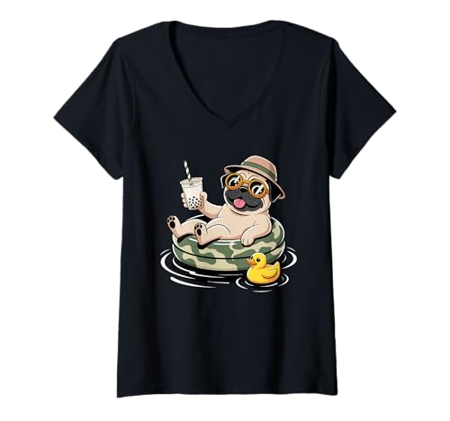Damen Pug Boba Perlen Milchtee Mops T-Shirt mit V-Ausschnitt Damen Pug Boba Perlen Milchtee Mops T-Shirt mit V-Ausschnitt von Pugs Pug Lover Gifts