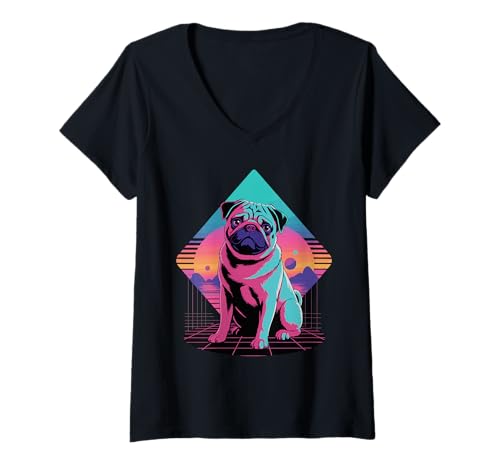 Damen Pug Retro Synthwave Pugs T-Shirt mit V-Ausschnitt Damen Pug Retro Synthwave Pugs T-Shirt mit V-Ausschnitt von Pugs Pug Lover Gifts