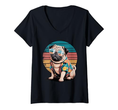 Damen Pug Sonnenbrille Hawaii Strand Sommer Pugs T-Shirt mit V-Ausschnitt Damen Pug Sonnenbrille Hawaii Strand Sommer Pugs T-Shirt mit V-Ausschnitt von Pugs Pug Lover Gifts