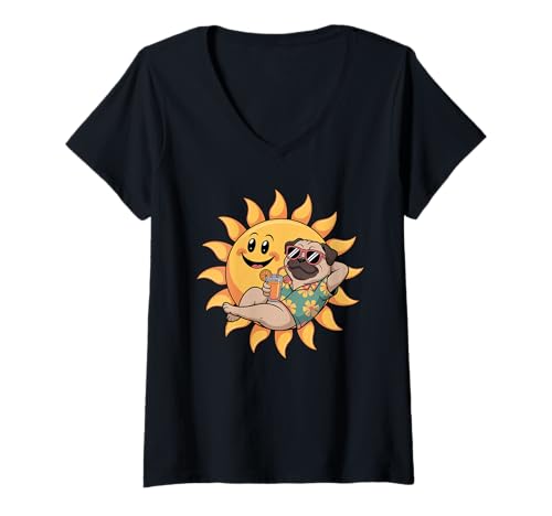Damen Pug Sonnenbrille Mops T-Shirt mit V-Ausschnitt Damen Pug Sonnenbrille Mops T-Shirt mit V-Ausschnitt von Pugs Pug Lover Gifts
