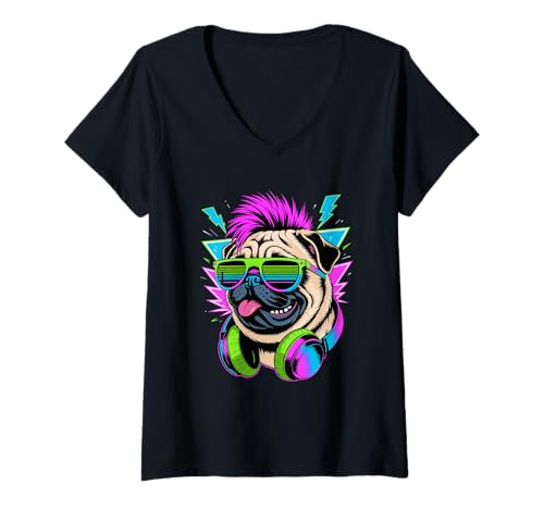 Damen Punk Ära Stil Pug Sonnenbrille Chinesische Pugs T-Shirt mit V-Ausschnitt Damen Punk Ära Stil Pug Sonnenbrille Chinesische Pugs T-Shirt mit V-Ausschnitt von Pugs Pug Lover Gifts