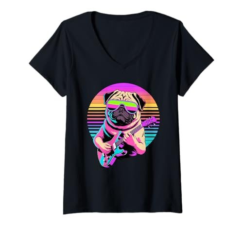 Damen Retro Mops Gitarrist Möpse Gitarre T-Shirt mit V-Ausschnitt Damen Retro Mops Gitarrist Möpse Gitarre T-Shirt mit V-Ausschnitt von Pugs Pug Lover Gifts