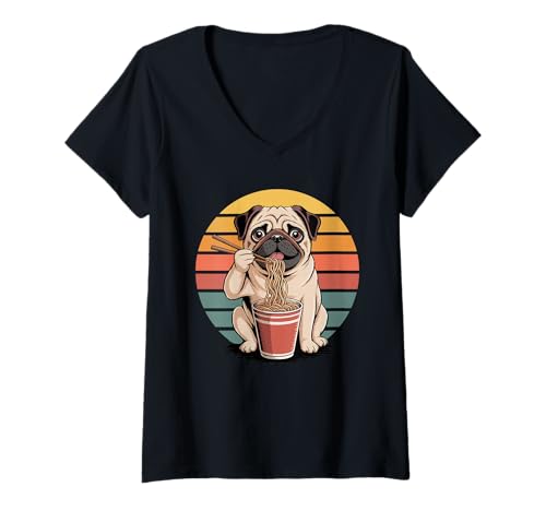 Damen Retro Pug Instant Cup Nudeln Pugs T-Shirt mit V-Ausschnitt Damen Retro Pug Instant Cup Nudeln Pugs T-Shirt mit V-Ausschnitt von Pugs Pug Lover Gifts
