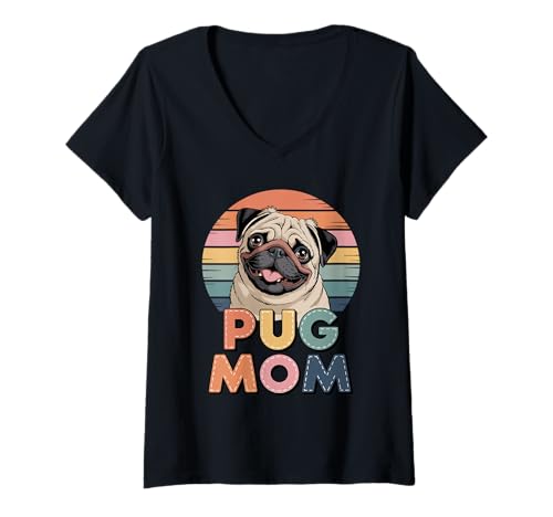 Damen Retro Pug Mom Chinese Pugs T-Shirt mit V-Ausschnitt Damen Retro Pug Mom Chinese Pugs T-Shirt mit V-Ausschnitt von Pugs Pug Lover Gifts